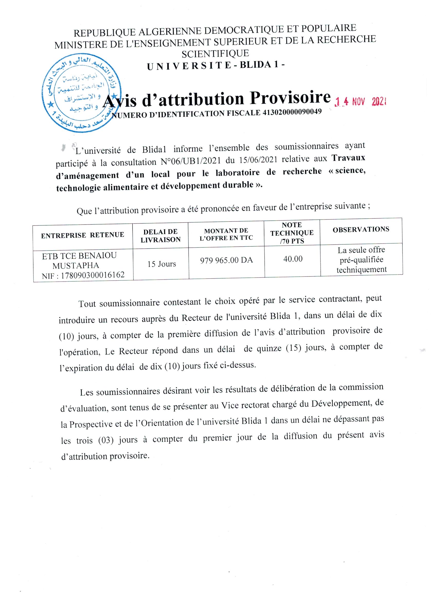 Avis d'attribution Provisoire N°62021 001