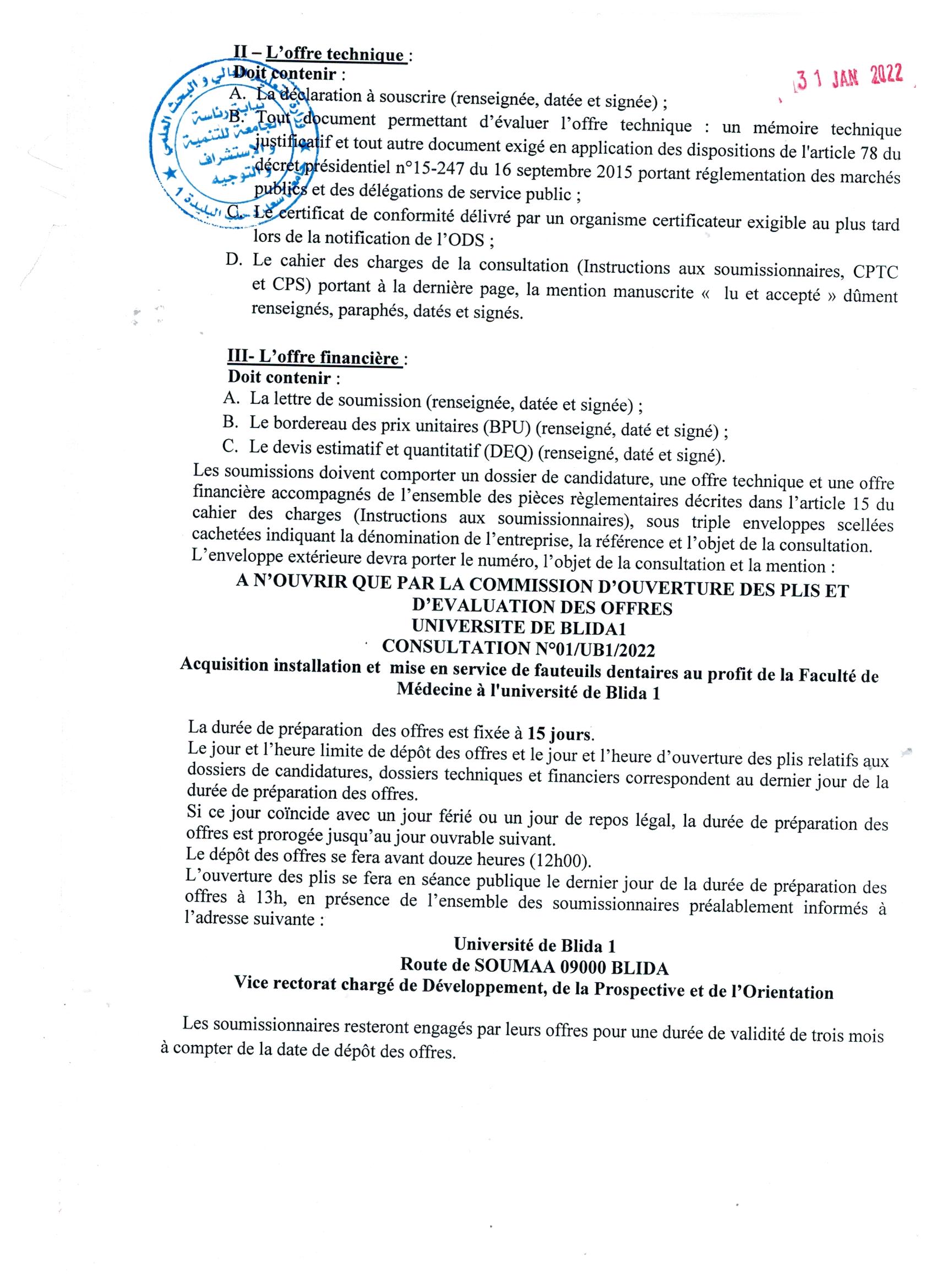 Avis de consultation N°01-UB1-2022 002